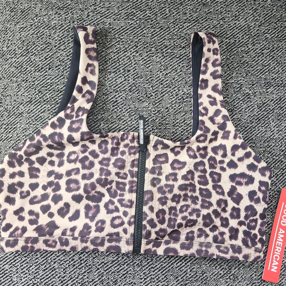 Good American Leopard Print Stretch Jersey Front Zip Sports Bra Size  4
